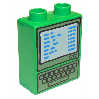 bright green duplo brick 1 x 2 x 2 with computer screen and keyboard with blue text pattern