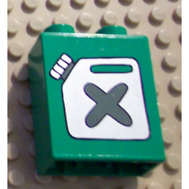 bright green duplo brick 1 x 2 x 2 with fuel container pattern