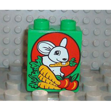 bright green duplo brick 1 x 2 x 2 with bunny rabbit and carrots pattern