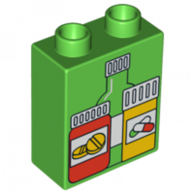 bright green duplo brick 1 x 2 x 2 with medicine and pill bottles pattern
