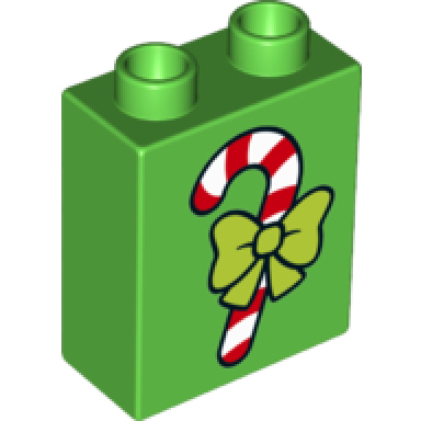 bright green duplo brick 1 x 2 x 2 with candy cane pattern