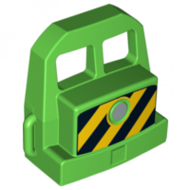 bright green duplo train locomotive front with silver headlight on black and yellow danger stripes pattern