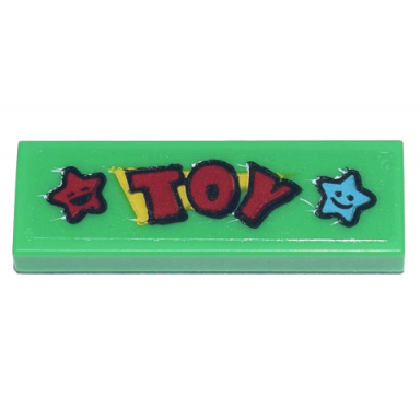 bright green tile 1 x 3 with red toy and red and medium azure stars with smiley faces pattern sticker - set 71741