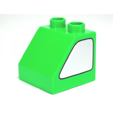 bright green duplo brick 2 x 2 x 1 1 2 slope 45 with metallic silver window pattern on both sides