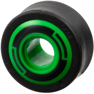 bright green wheel 11mm d x 8mm with center groove 8 spokes and smooth side with black circle and arcs pattern with black tire 14mm d x 6mm solid smooth 6683pb01 50945