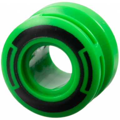 bright green wheel 11mm d x 8mm with center groove 8 spokes and smooth side with black circle and arcs pattern