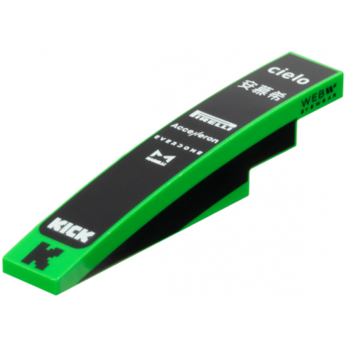 bright green slope curved 6 x 1 with white cielo 安慕希 pirelli accelleron everdome marelli and kick logos on black background pixelated capital letter k stripe and web eyewear on both sides pattern