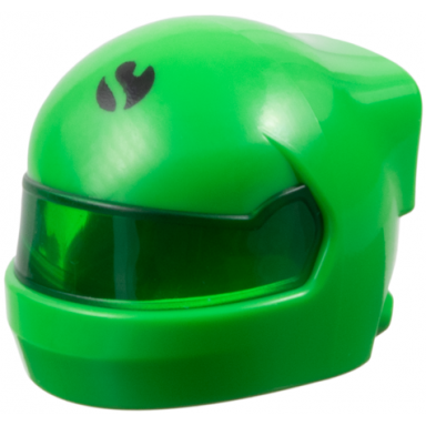 bright green minifigure headgear helmet formula one with molded trans-green visor and printed sauber logo partial capital letter s on black circle pattern