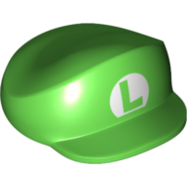 bright green large figure headgear luigi cap with capital letter l in white oval pattern regular luigi