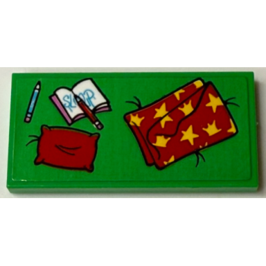 bright green tile 2 x 4 with cushion with pillow red blanket with yellow stars pencils and notebook with sleep pattern sticker - set 71461