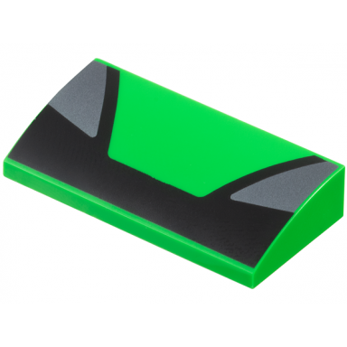 bright green slope curved 2 x 4 x 2 3 with bottom tubes with trapezoidal panel in center and dark silver triangular panels on sides on black background pattern