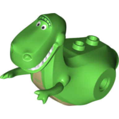 bright green dinosaur body rex rubber front feet with dark tan stomach and eyebrows pattern