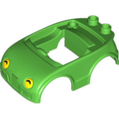 bright green duplo car body with 2 studs on back and yellow headlights with black shadow pattern fits over car base 2 x 4