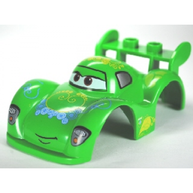 bright green duplo car body with 2 studs on spoiler and wide fenders with cars carla veloso pattern