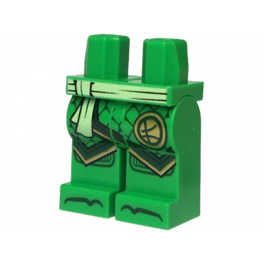 bright green hips and legs with yellowish green sash ninjago logogram letter l in circle dark green robe ends with gold trim knee pads and toes pattern