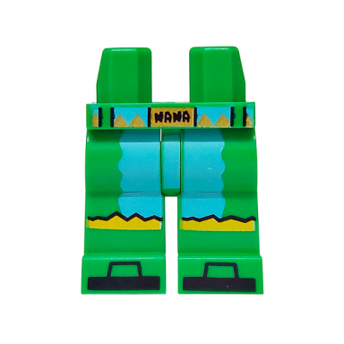 bright green hips and legs with medium azure panels and belt with gold buckle and triangles yellow stripes on knees black nana and boot tips pattern
