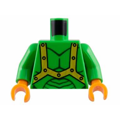 bright green torso alien dark green muscles outline bright light orange and yellow harness straps pattern bright green arms orange hands