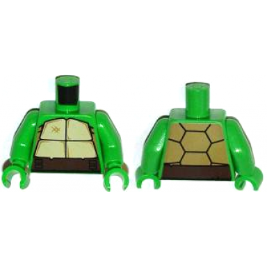 bright green torso tan and dark tan turtle shell dark brown belt pattern bright green arms bright green hands