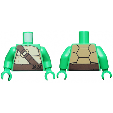 bright green torso tan and dark tan turtle shell dark brown belt and strap with gold ring pattern bright green arms bright green hands
