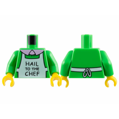 bright green torso simpsons white apron with black hail to the chef over sweater bright pink undershirt with collar pattern bright green arms yellow hands