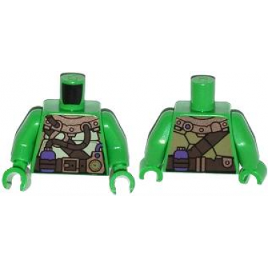 bright green torso turtle shell with gauge and purple diving bottles pattern bright green arms bright green hands
