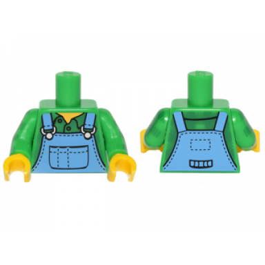 bright green torso medium blue overalls over plaid shirt with buttons and collar pattern bright green arms with green plaid pattern yellow hands