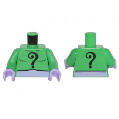 bright green torso batman black question mark on chest and back and lavender belt pattern bright green arms lavender hands