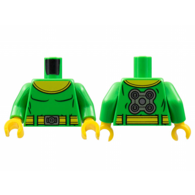 bright green torso super hero yellow collar and belt silver buckle black muscles outline gear on back pattern dr octopus bright green arms yellow hands