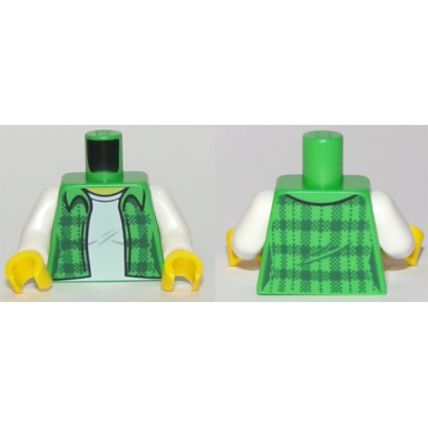 bright green torso plaid flannel shirt female over white t-shirt pattern white arms yellow hands