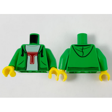 bright green torso hoodie white shirt with red capital letter t pattern bright green arms yellow hands