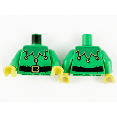 bright green torso green scalloped collar with gold trim and bells black belt with gold buckle pattern bright green arms yellow hands
