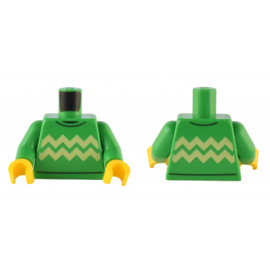 bright green torso sweater with bright light yellow zigzag lines pattern bright green arms yellow hands