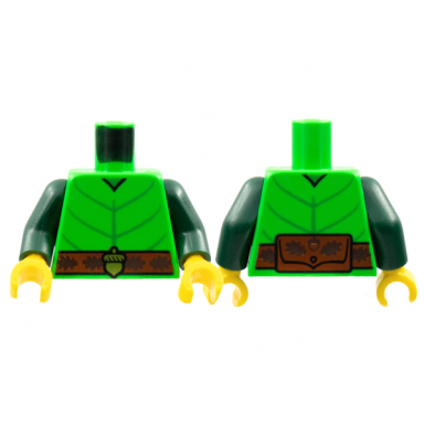 bright green torso leaf costume green veins reddish brown belt gold acorn buckle pattern dark green arms yellow hands