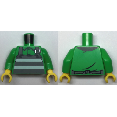bright green torso button up shirt apron with prison stripes pattern bright green arms yellow hands