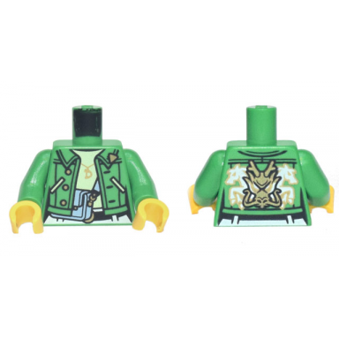 bright green torso jacket with bright light blue purse gold d necklace dragon head and 2 white horses pattern bright green arms yellow hands