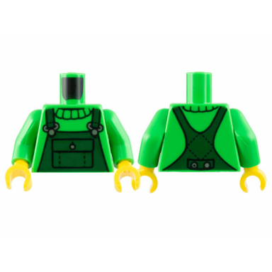 bright green torso sweater collar dark green overalls silver clasps and button pattern bright green arms yellow hands