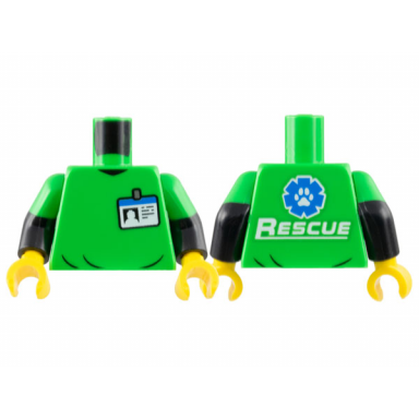 bright green torso shirt with name badge white and blue rescue and paw print logo on back pattern black arms with molded bright green short sleeves pattern yellow hands
