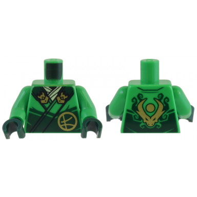 bright green torso robe dark green straps gold buckles ninjago logogram letter l and dragon head and orb on back pattern bright green arms dark green hands