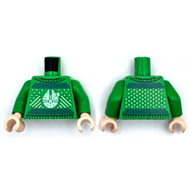 bright green torso knit fair isle holiday sweater with white dots and sw millennium falcon blue zigzag lines pattern bright green arms light nougat hands
