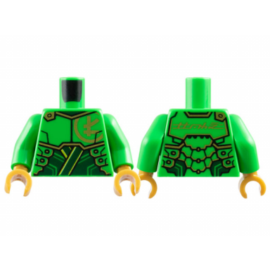 bright green torso armor plates over dark green tunic gold trim and ninjago logogram letter l lloyd on back pattern bright green arms pearl gold hands