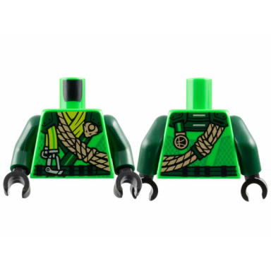 bright green torso tunic with dark green shoulders lime scarf gold dragon head and ropes and silver carabiner pattern dark green arms black hands