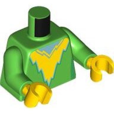 bright green torso super hero costume with yellow jagged panel and metallic light blue neck pattern bright green arms yellow hands