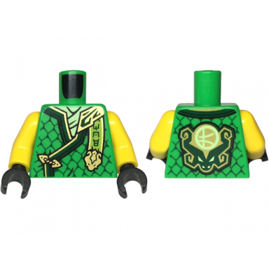 bright green torso tunic with dark green hems gold trim yellowish green shirt ninjago logogram moe letter l on back pattern yellow arms black hands