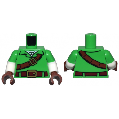 bright green torso tunic reddish brown strap and dark red belt with gold buckles white shirt pattern white arms with molded bright green short sleeves pattern reddish brown hands
