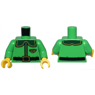 bright green torso coat with dark green collar with gold trim and mail horn and black belt pattern bright green arms yellow hands