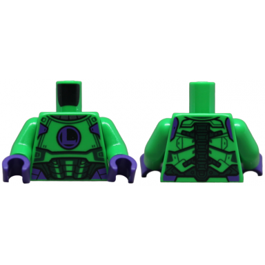 bright green torso armor panels with dark green trim and dark purple capital letter l on black circle mechanical spine on back pattern bright green arms dark purple hands