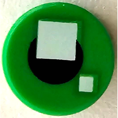 bright green tile round 1 x 1 with 2 white squares on small black circle pattern brickheadz eye