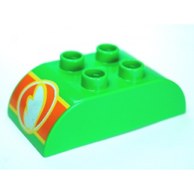 bright green duplo brick 2 x 4 slope curved double with white wing in circle on orange background pattern on both ends