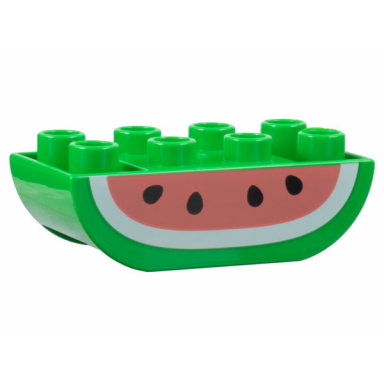 bright green duplo brick 2 x 4 slope curved inverted double with coral and white watermelon black seeds pattern