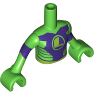 bright green torso mini doll girl top with dark purple chest and stripes lime l pattern green arms with hands with dark purple stripes lena luthor